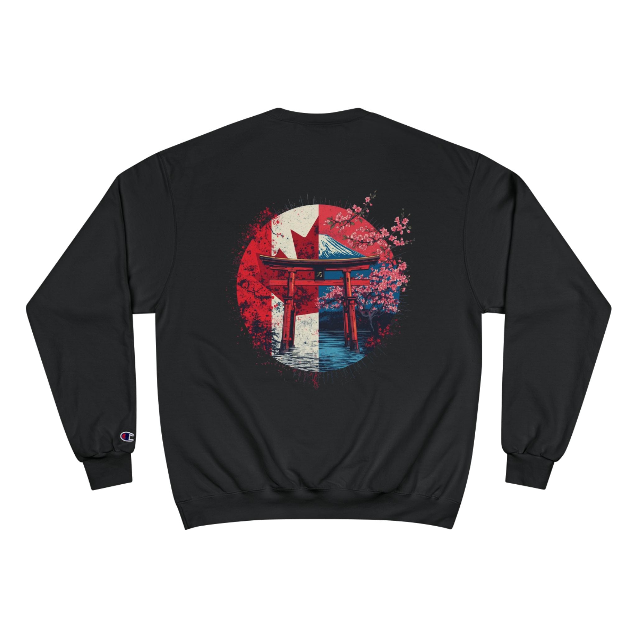 Japanese Torii & Cherry Blossom Sweatshirt — Vintage Red Sun Back Print